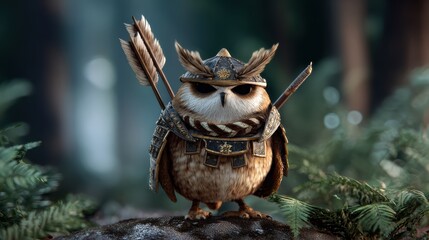 Fototapeta premium A fierce owl dressed as a warrior with armor, arrows, and a feathered helmet stands alert on a rock in a mystical forest setting.