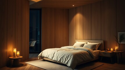 A professional fine art photograph of a modern plywood bedroom interior at night, lit by warm candlelight, exhibiting soft contrast, soft saturation, and flickering candle flames