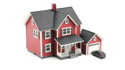 A red and black house with a car parked in front.