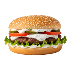 Delicious sesame seed bun burger with creamy sauce.