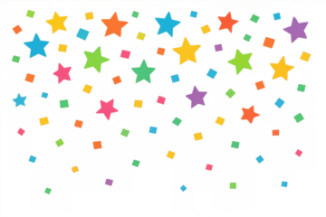 Colorful confetti and stars are falling on a transparent background, creating a festive and celebratory atmosphere