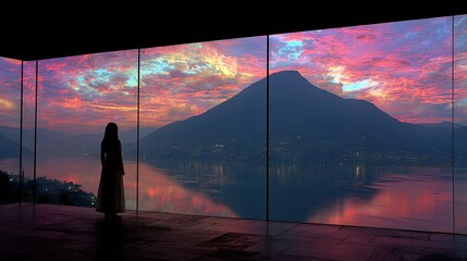 Woman Silhouetted Against Vibrant Sunset Over Lake and Mountain