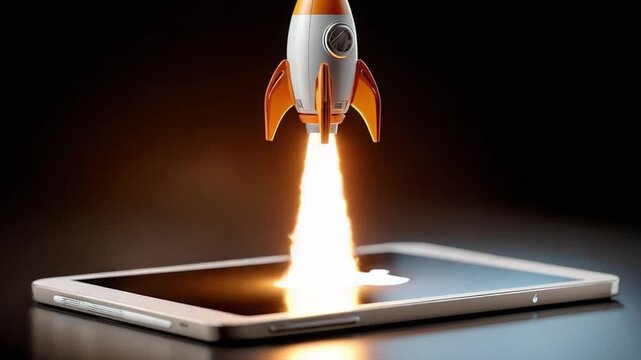 Rocket Launch from Tablet: A vibrant illustration of a rocket launching from a tablet, symbolizing technological advancement, innovation, and the rapid growth of digital startups.