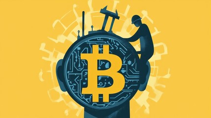 A person working on a Bitcoin-shaped head, amidst a viral backdrop