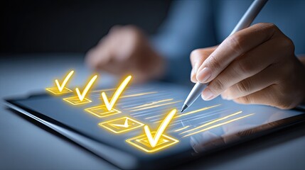 Woman Using Stylus on Tablet with Glowing Checkmarks