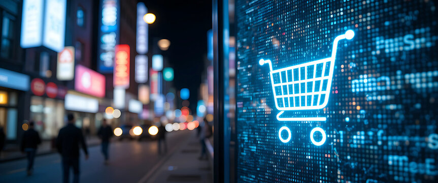 Flashing white shopping cart icon on a half-lit LED board, city bustle softly blurred behind, perfect for themes of consumption or algorithmic life.
