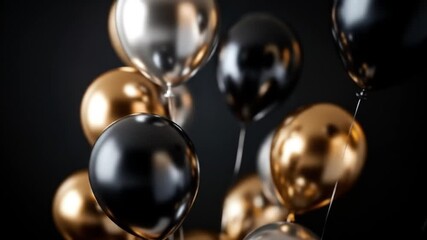 Elegant Floating Balloons of Gold, Silver and Black on a Dark Background Celebrating