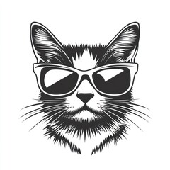 A stylized black and white illustration of a cat wearing sunglasses