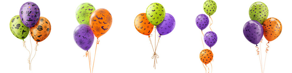 Collection of Halloween pattern balloons, lime and purple, orange. with thin rope at the on a white or transparent background