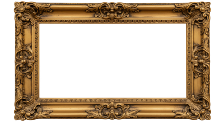 Elegant golden baroque frame with a transparent background for graphic design and vintage projects, perfect for layouts.
