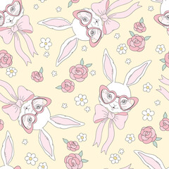 Coquette Easter Bunny Girl with Heart Shaped Glasses and Pink Ribbon Bow Surrounded by Daisies and Roses in a Whimsical Vector Seamless Pattern. Ideal for spring greeting cards, nursery decor, gift