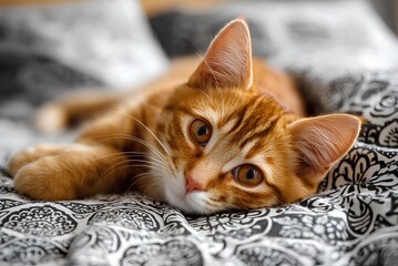 Ginger Tabby Lounging on Patterned Blanket