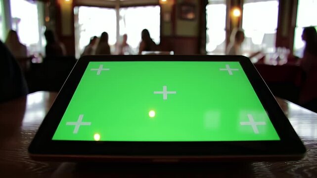 Digital Tablet with Chroma Key Green Screen and Tracking Markers in a Blurred Restaurant Setting