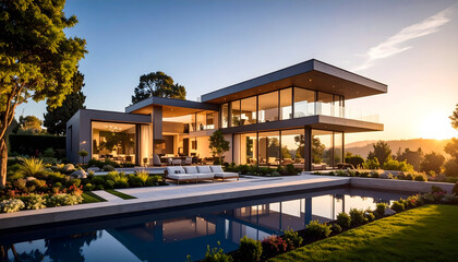 Fototapeta premium Modern Luxury Home with Infinity Pool at Sunset