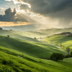 landscape with green field and blue sky