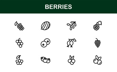 Berries Line Icon Set – Modern, minimal, and professional fruit illustrations featuring strawberries, blueberries, raspberries, and organic berry elements
