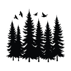Fototapeta premium Pine Forest Filled With Birds In Flight Scene Line Art Vector illustration