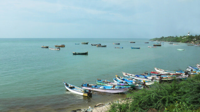 Colorful fishing boats anchored off the coast of Rameswaram, Tamil Nadu, India
