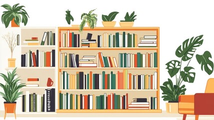 Bookshelves filled with books and plants in a cozy room