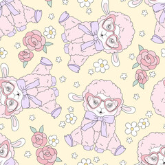 Coquette Easter Vector Seamless Pattern with baby Lamb in Heart Shaped Pink Glasses and Lily Ribbon Bow on a Floral Background of Daisies and Roses. Ideal for spring nursery decor, greeting cards