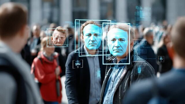 Digital Surveillance in City: A cutting-edge portrayal of facial recognition technology in a bustling urban environment.