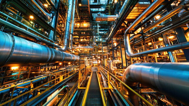 A complex industrial plant with numerous pipes, tanks, and machinery. The setting is industrial, with a focus on the industrial equipment and machinery.
