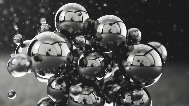 Shiny metallic spheres floating in liquid with air bubbles. Abstract monochrome video of chrome balls and droplets. Futuristic 3D animation concept for science or technology