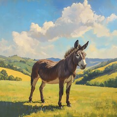 Donkey enjoying soft sun in golden landscape high resolution picture