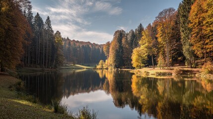 Autumnal lake scenery with colorful trees reflecting in the water.