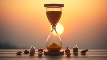 A glowing hourglass with golden sand flowing upwards, surrounded by symbolic objects representing healthy habits against a dawn gradient.