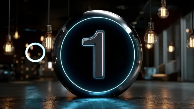 A countdown of 3, then 2, then 1 displayed on a shiny black ball with blue backlighting, surrounded by the warm glow of incandescent pendant lights in a modern space