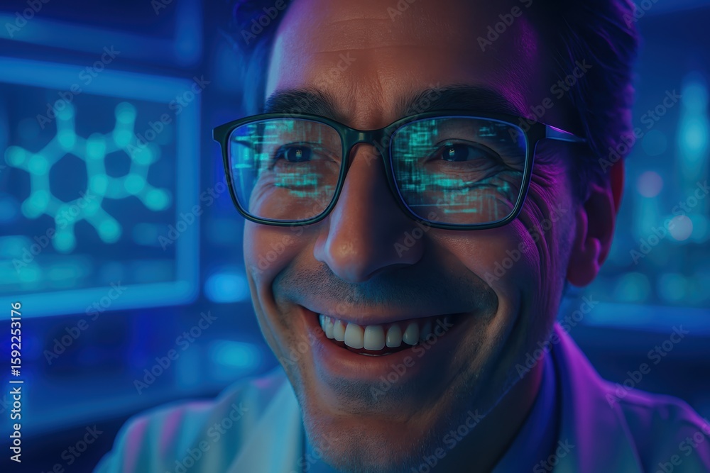 Poster Smiling Scientist in Laboratory with High-Tech Displays and Colorful Data Visualizations