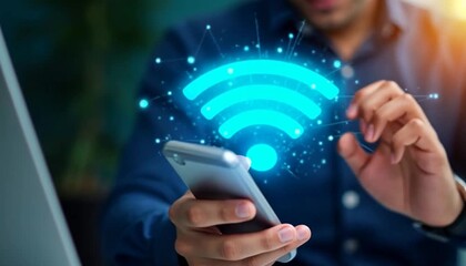 A person uses a smartphone with a prominent blue Wi-Fi symbol, representing wireless internet access and network connectivity. - Powered by Adobe