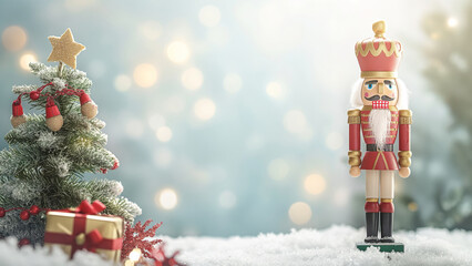Christmas nutcracker toy and snowy fir tree with gift box on cold bokeh background. Winter holiday concept with copy space.