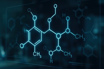 Fototapeta premium Digital Representation of Molecular Structure with Chemical Bonds and Atomic Elements on Dark Background