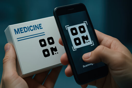 Mobile Device Scanning QR Code on Medicine Packaging in Modern Health Context
