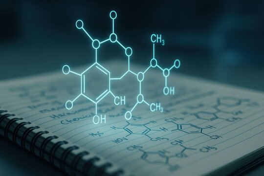 Molecular Structures on Notebook with Chemical Formulas and Transparent Digital Representation