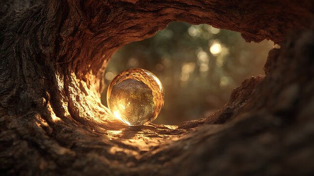Golden Crystal Ball Resting in a Hollow Tree Trunk at Sunset, Forest Background