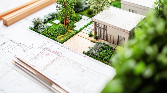 A detailed architectural plan for a modern house with a garden, featuring a model of a house and a garden layout on a blueprint.