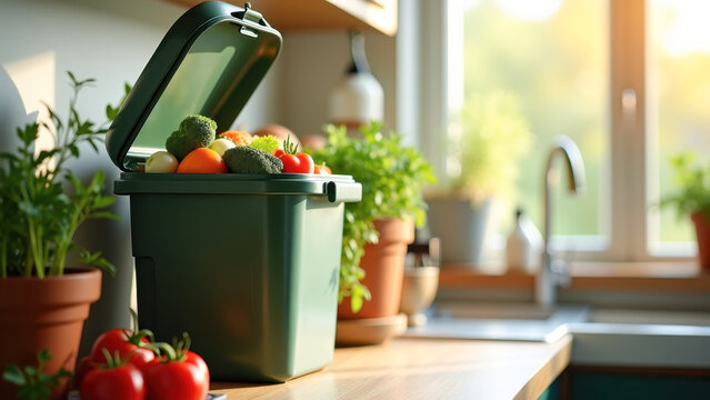 Modern compost bin filled with colorful organic scraps on a kitchen countertop, promoting eco-friendly living.