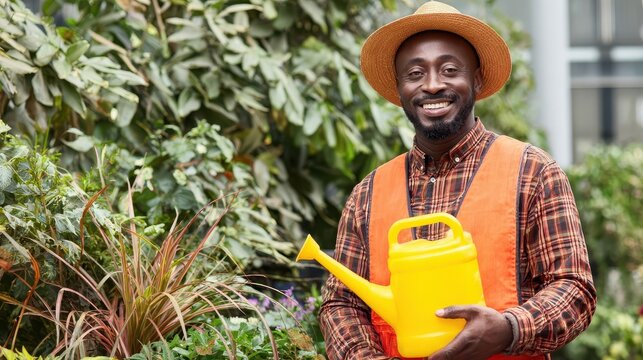 Smiling gardener holding a watering can.