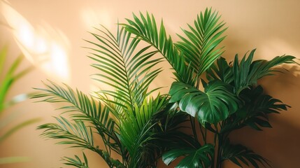 Fototapeta premium Lush indoor plants against a beige wall