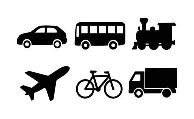 Vehicle Icon Set Featuring Car, Bus, Train, Airplane, Bicycle, and Truck