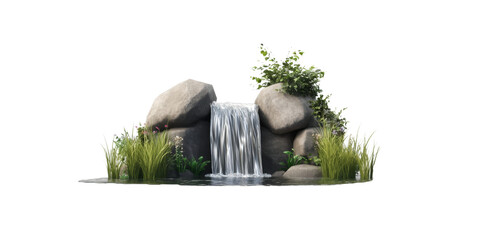 Clear waterfall flowing over large rocks with surrounding greenery and flourishing plant life