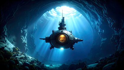 Submarine in Underwater Cave with Light Rays