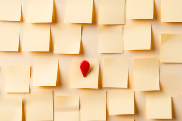 Fototapeta premium Memo board with adhesive notes and a red pin marking one specific item. Reminder concept. Planning and organization. Business and lifestyle use.