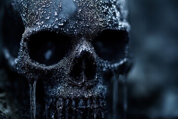 Close-up of a skull covered in frost and dripping with icicles, creating a chilling and eerie scene