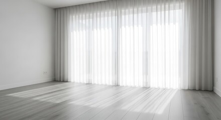 Minimalist modern interior design showcases bright room with hardwood floor and curtains