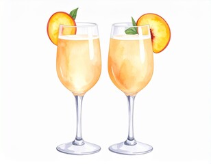 Fototapeta premium Watercolor two bellini cocktails with peach slices on white background