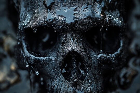 Black skull dripping with viscous liquid, creating a chilling and eerie atmosphere